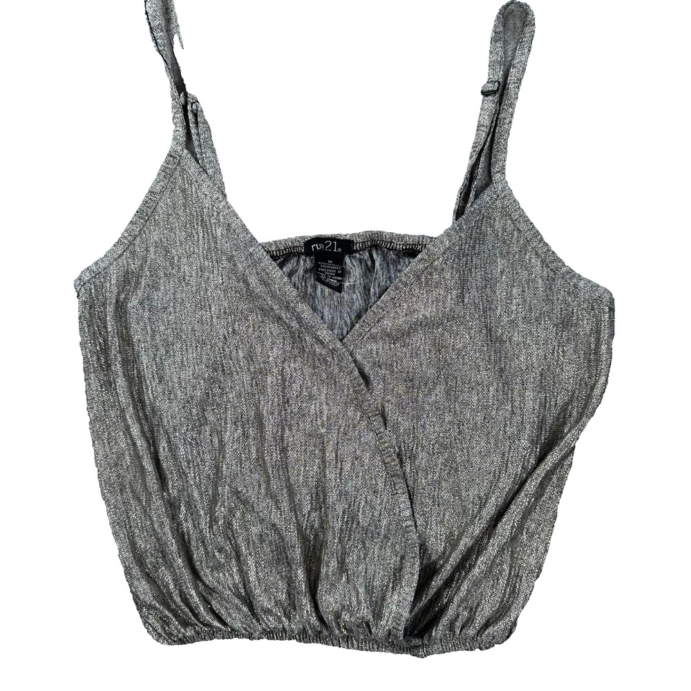 Rue 21 Silver Metallic Crop Top Size Medium V-neck Faux Wrap Spaghetti Strap Y2k